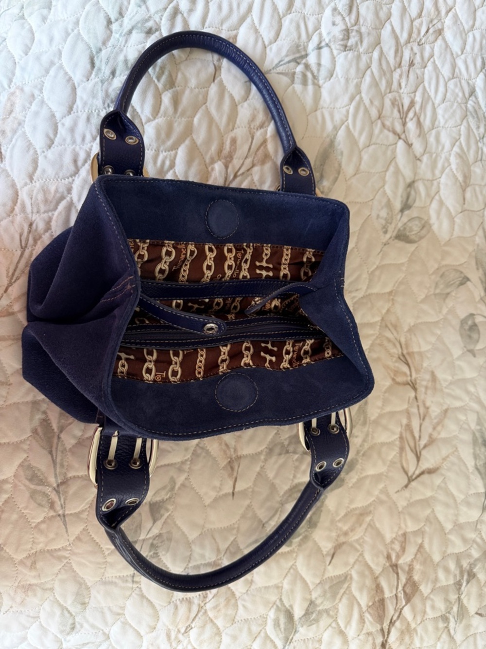 Tiganello Classic Navy Suede Top-Handle Women's Handbag Satchel Leather Bag - Picture 6 of 10